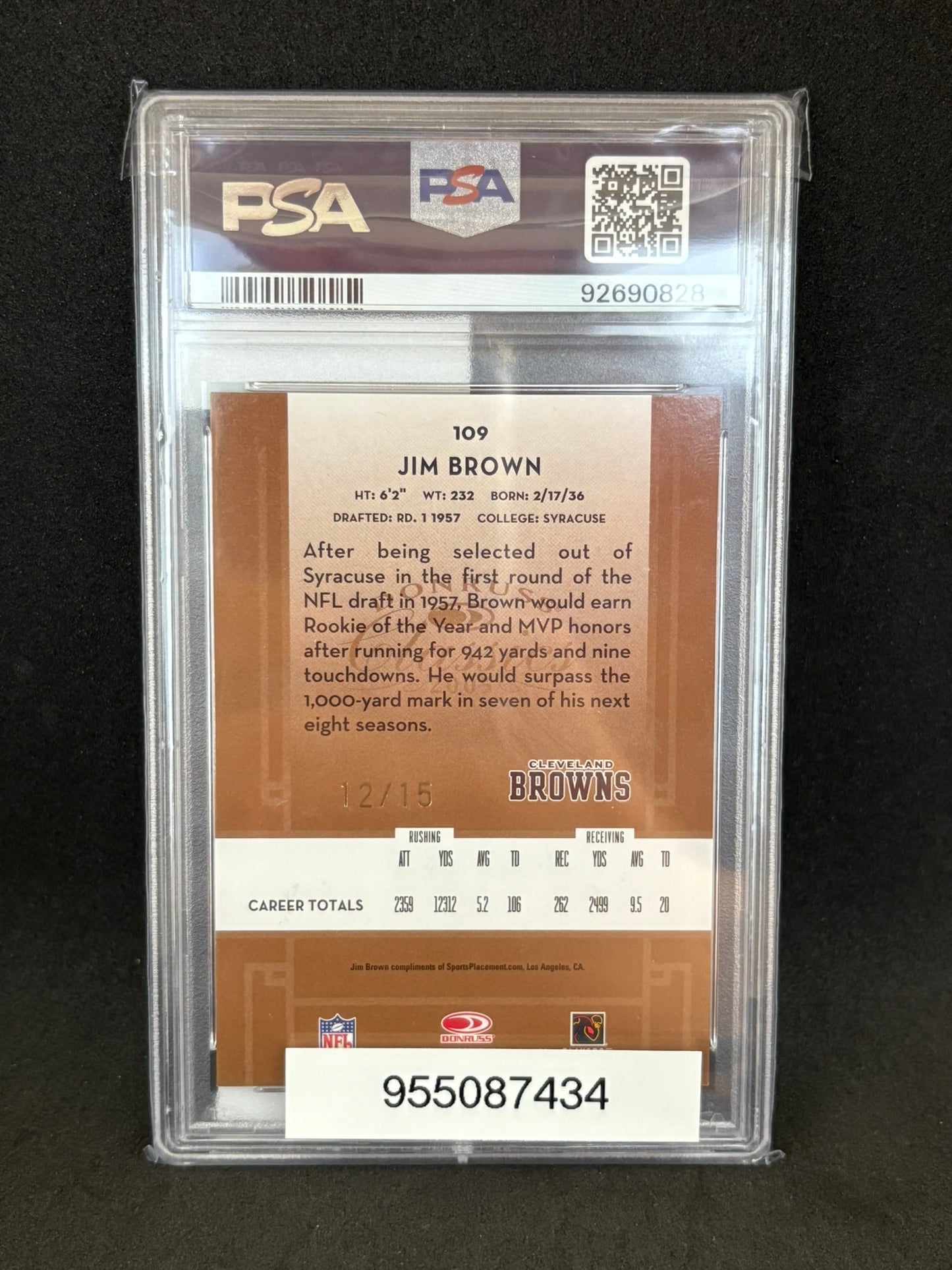 Jim Brown 2005 Donruss Classics Signatures PSA 9 12/15